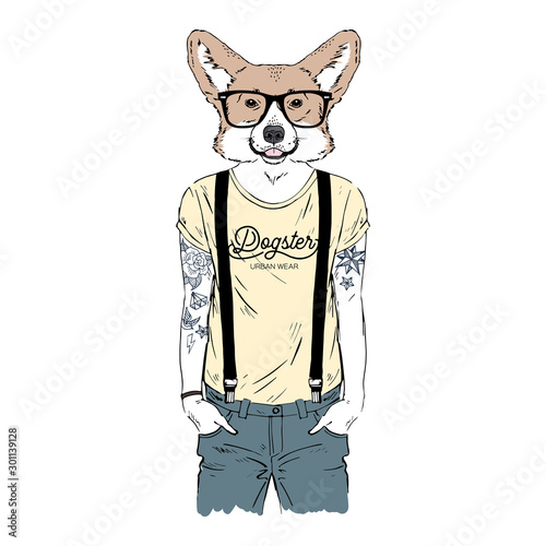 Humanized Welsh Corgi breed dog with tattoo dressed up in modern city outfits. Design for dogs lovers. Fashion anthropomorphic doggy illustration. Animal wear t-shirt, jeans, glasses. Hand drawn