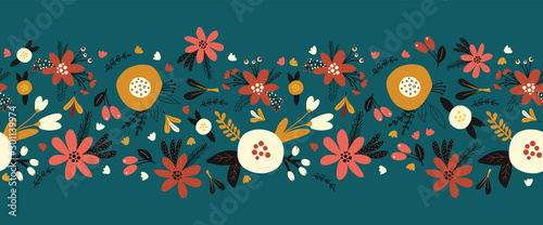 Winter autumn flowers seamless vector border. Florals and leaves pattern. Hand drawn holiday design Scandinavian style for Thanksgiving, Christmas, greeting cards, surface decoration, ribbons, trim