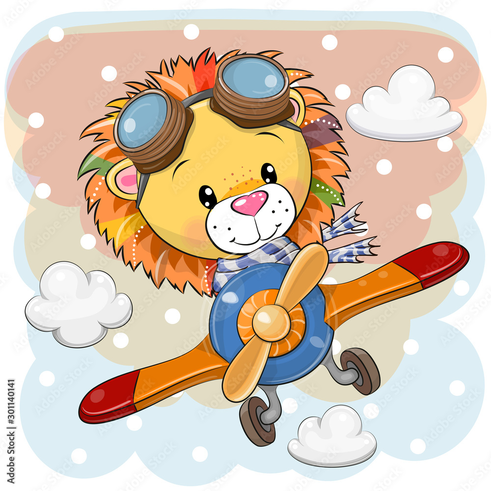 Cartoon Lion is flying on a plane - obrazy, fototapety, plakaty 