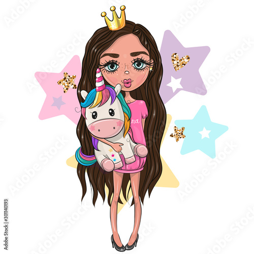 Cartoon Girl Princess in a pink dress with Unicorn