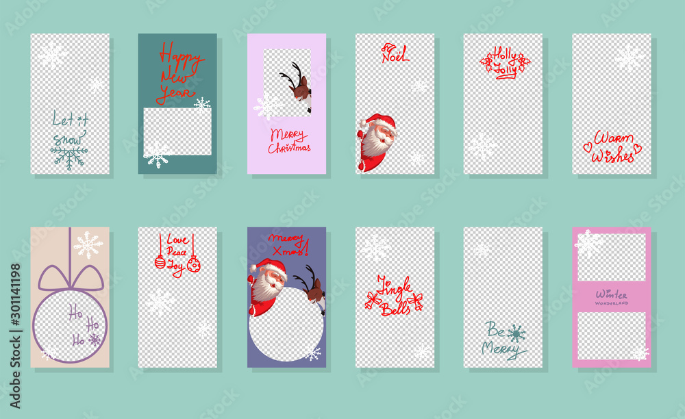 Christmas Trendy editable Stories template. Design for social media. Vector. Santa Claus and reindeer with snowflakes