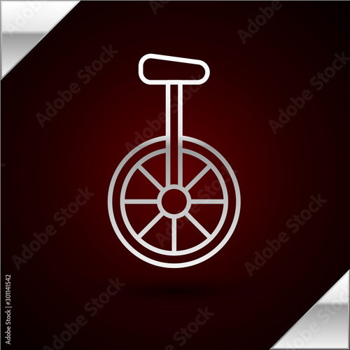 Silver line Unicycle or one wheel bicycle icon isolated on dark red background. Monowheel bicycle. Vector Illustration