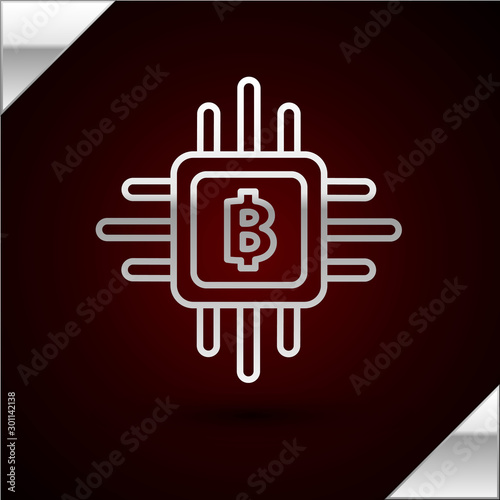 Silver line CPU mining farm icon isolated on dark red background. Bitcoin sign inside processor. Cryptocurrency mining community. Digital money. Vector Illustration