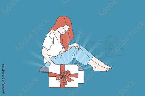 Gift unpacking, surprise satisfaction concept. Opening gift boxes, B-day mood, expectation rejoicing, glad birthday girl with packed presents pile, happy young woman. Simple flat vector