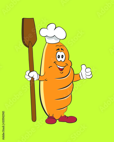 Cute and happy bread Baker with a wooden spatula and showing like. Vector cartoon bread character isolated on a green background. Menu, banner, signboard, frame, emblem, advertisement, label.