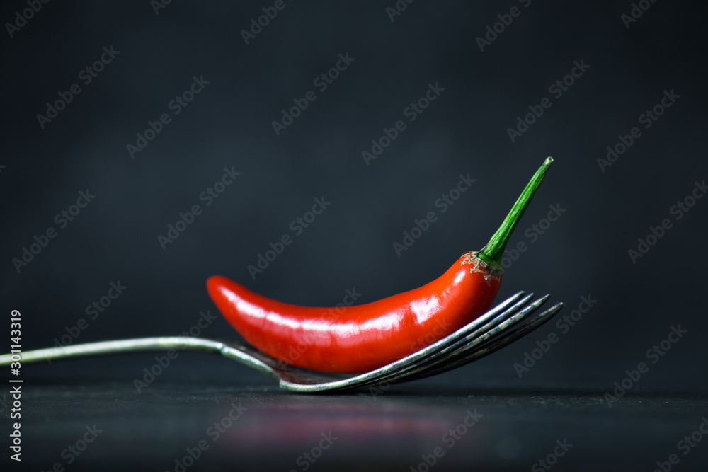 Red hot chili pepper on vintage silver fork on black background. - obrazy, fototapety, plakaty 