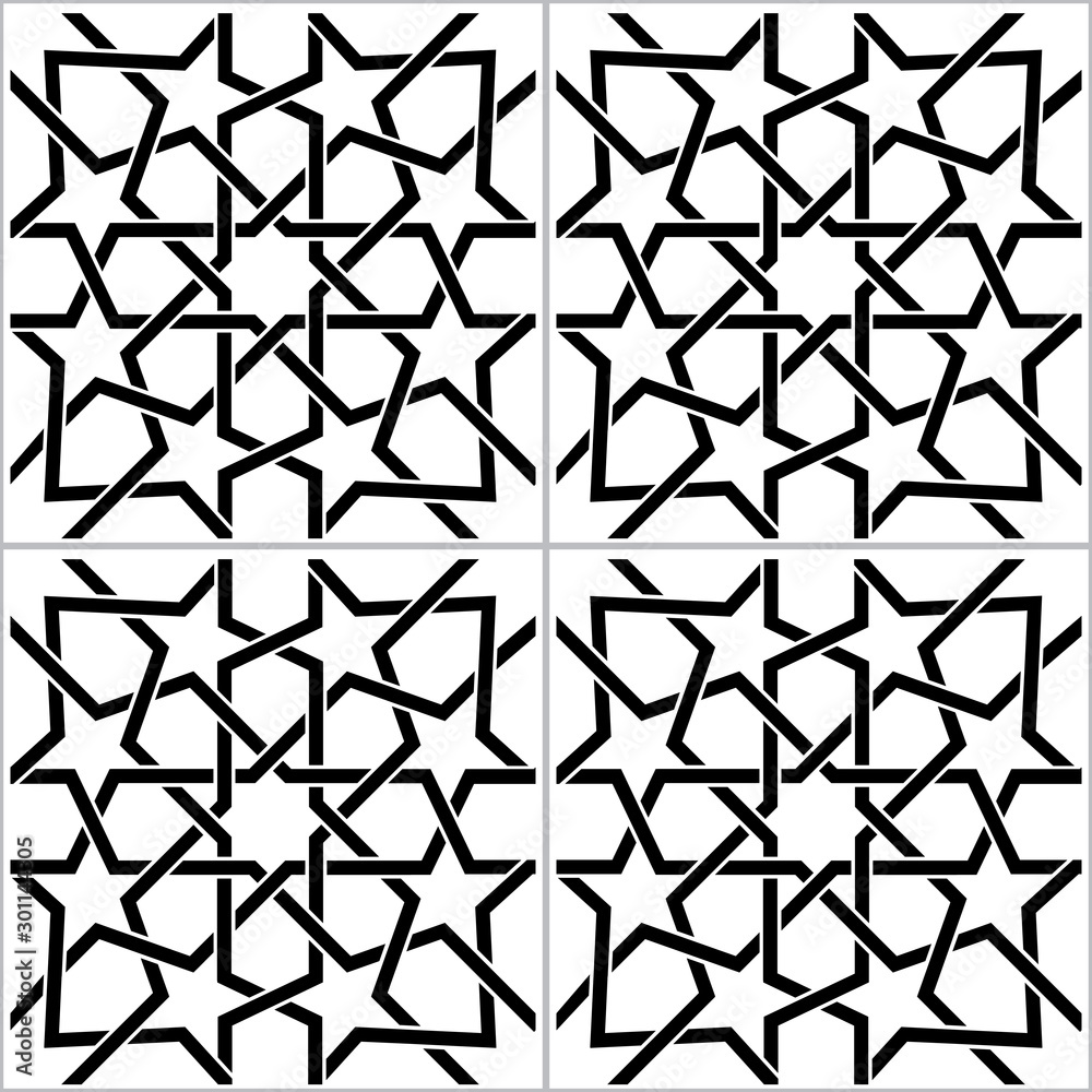 Moroccan black and white tiles vector pattern, Moorish seamless design, Geometric abstract tilesMoroccan black and white tiles vector pattern, Moorish seamless design, Geometric abstract tiles