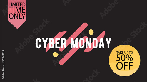Advertising sale in honor of Cyber Monday.Colorful vector banner as promotion of special offer of discounts to the event. Attractive online trading poster.