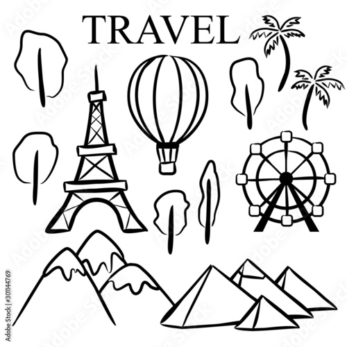 Vector hand drawn elements for travel and tourism. Set of vector elements.