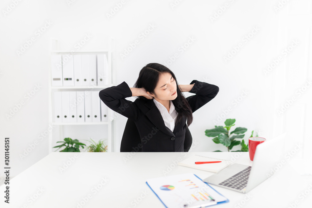 lazy asian woman stretching exercise in work time, asian female officer feeling tired and fatigue, overwork and hardwork problem, office syndrome lazy asian woman stretching exercise in work time, asian female officer feeling tired and fatigue, overwork and hardwork problem, office syndrome