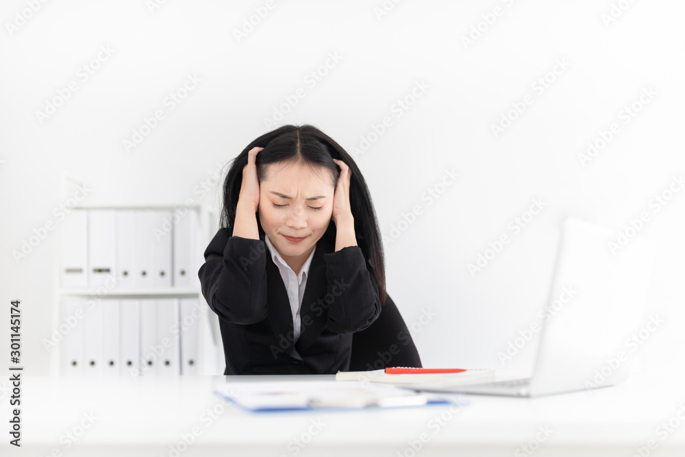 beautiful asian female officer feeling insane and stress in busy time, she use hand touch on her head, headache and office syndrome beautiful asian female officer feeling insane and stress in busy time, she use hand touch on her head, headache and office syndrome