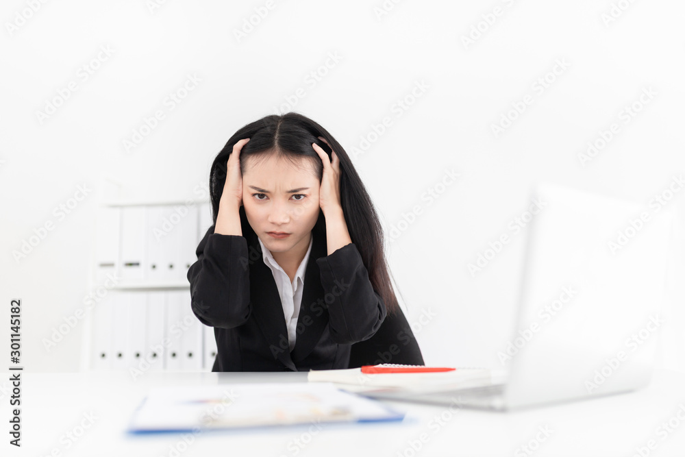 beautiful asian female officer feeling insane and stress in busy time, she use hand touch on her head, headache and office syndrome beautiful asian female officer feeling insane and stress in busy time, she use hand touch on her head, headache and office syndrome