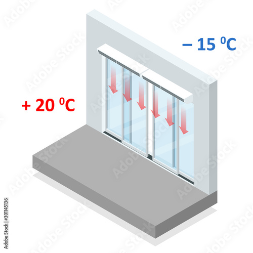 Isometric concept of air door or air curtain. A typical commercial air curtain enclosure. Clipart image isolated on white background