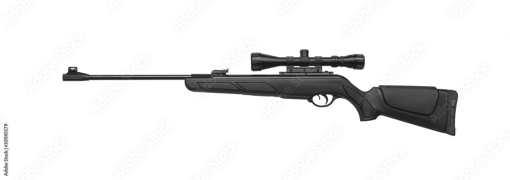 Pneumatic rifle isolated on white background. Modern air rifle with an optical sight for hunting and sport. Pneumatic rifle isolated on white background. Modern air rifle with an optical sight for hunting and sport.