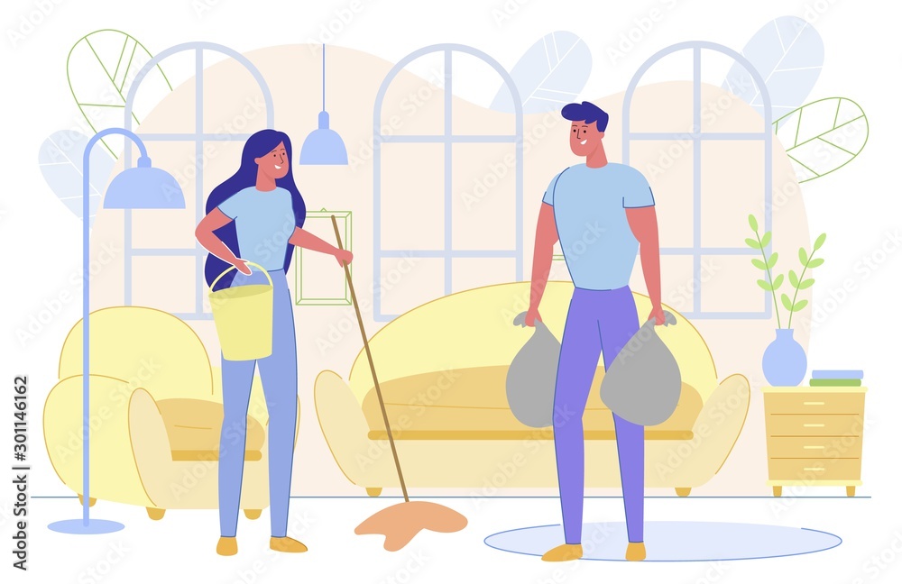 Man and Woman Characters Doing Household Chores. Man and Woman Characters Doing Household Chores.