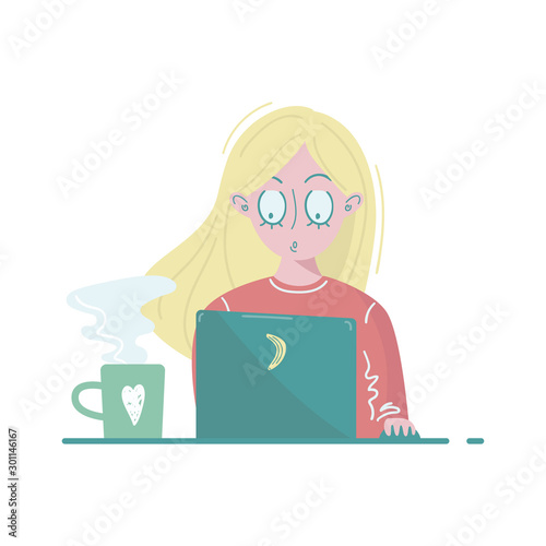 Girl has blond hair with laptop and coffee. Vector illustration.