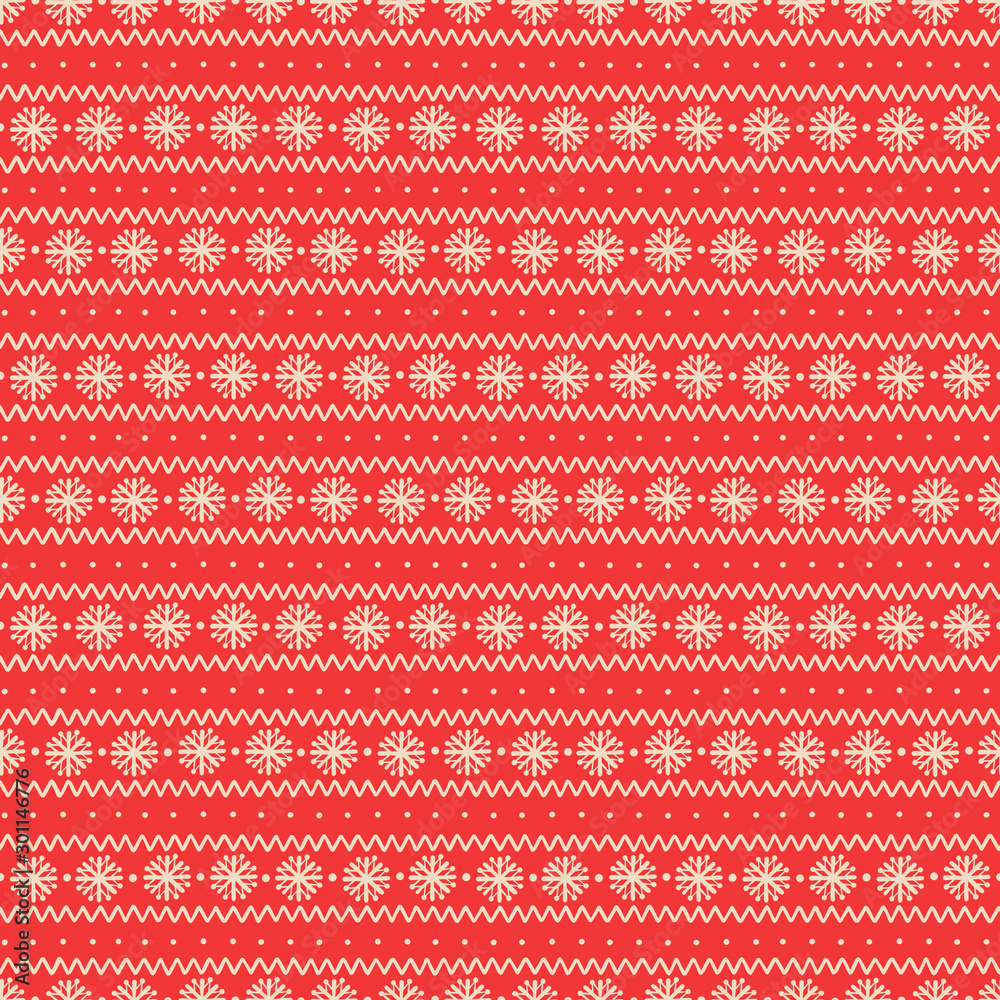 Seamless Christmas pattern with snowflakes and ornamentl lines on red background.