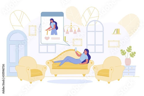 Moman Lying on Sofa Looking at Photos in Networks.