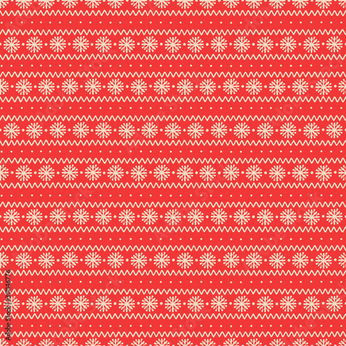 Seamless Christmas pattern with snowflakes and ornamentl lines on red background.