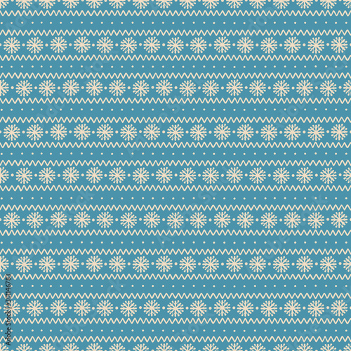 Seamless Christmas pattern with snowflakes and ornamentl lines on blue background.