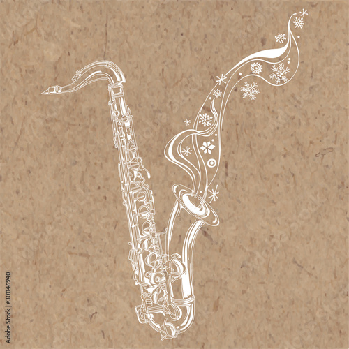 Saxophone, music and snowflakes. Winter hand-drawn vector illustration. Line art on kraft paper.Isolated element for design.