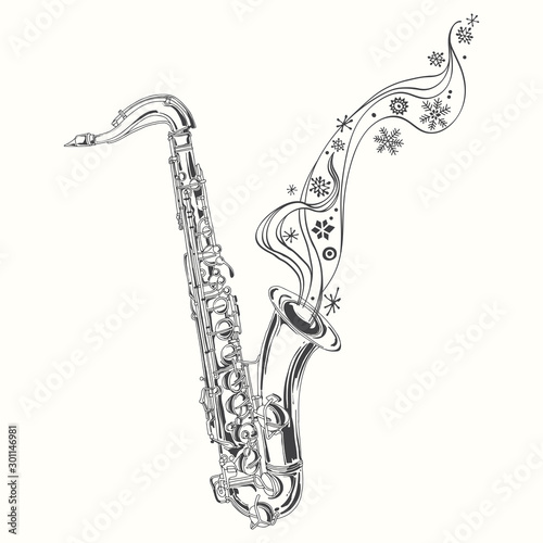 Saxophone, music and snowflakes. Winter hand-drawn vector illustration. Line art on a white background.Isolated element for design.