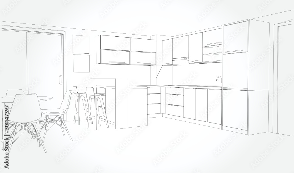 Linear sketch of an interior. Sketch Line dining room . Vector illustration.outline sketch drawing perspective of a interior space Linear sketch of an interior. Sketch Line dining room . Vector illustration.outline sketch drawing perspective of a interior space
