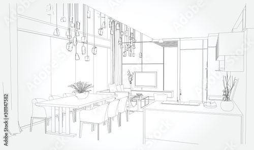 Linear sketch of an interior. Sketch Line dining room . Vector illustration.outline sketch drawing perspective of a interior space