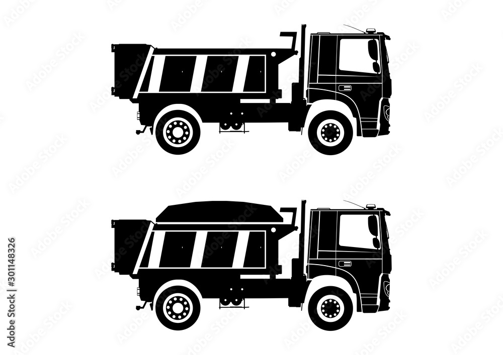 Tipper truck. Dumpers silhouettes on a white background with and without load. Side view. Flat vector.