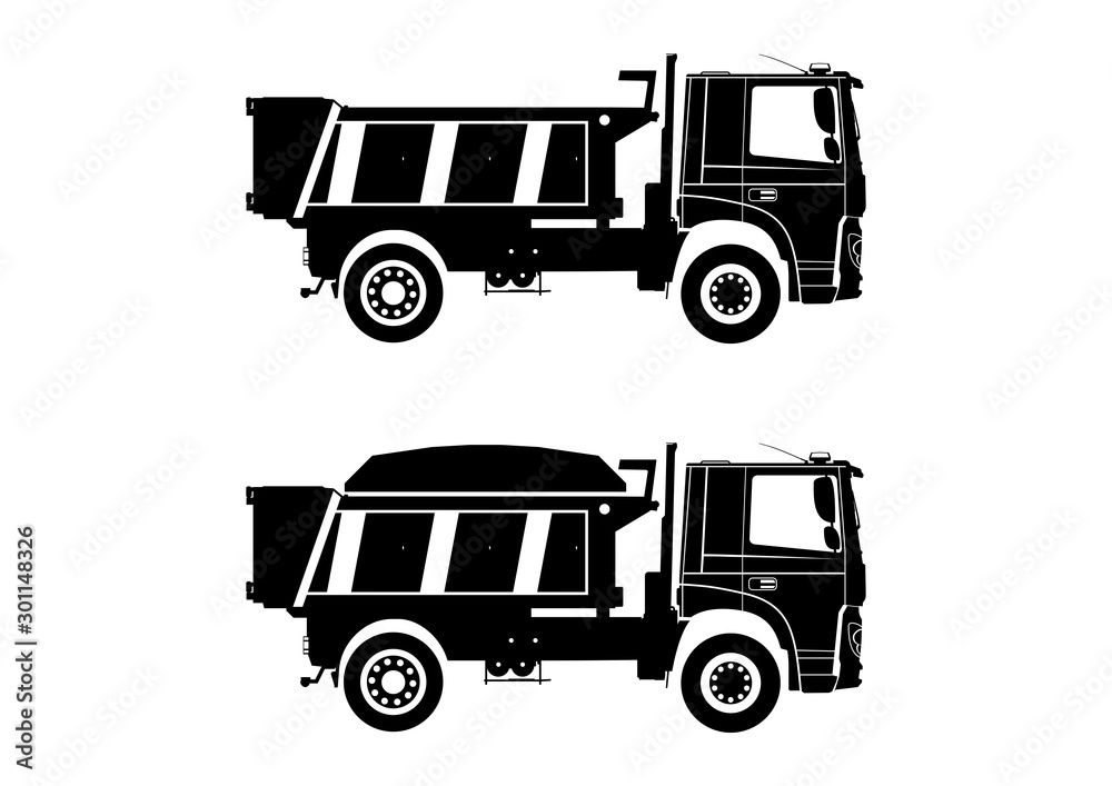 Tipper truck. Dumpers silhouettes on a white background with and without load. Side view. Flat vector. Tipper truck. Dumpers silhouettes on a white background with and without load. Side view. Flat vector.