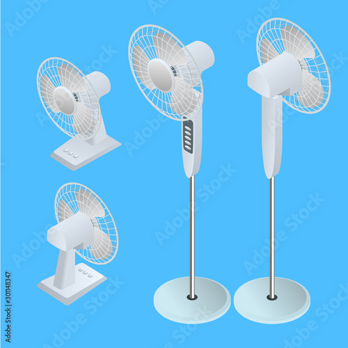 Isometric home climate equipment isometric icon. Air Cooling Fan. Set of stand fan mockup in on background