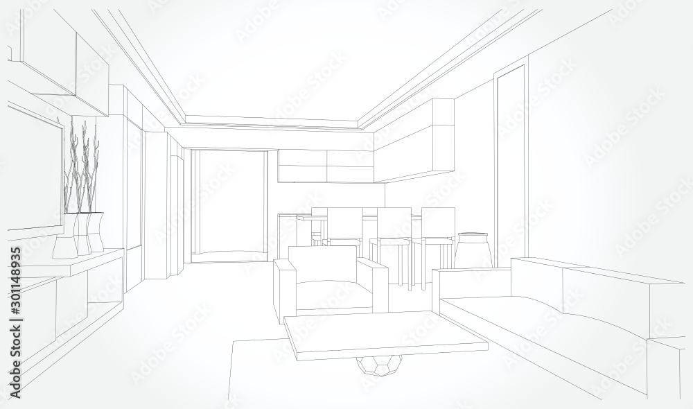 Linear sketch of an interior. Sketch Line dining room . Vector illustration.outline sketch drawing perspective of a interior space