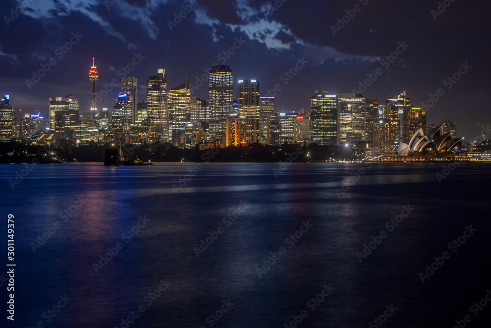 Sydney City Skyline at night across harbour