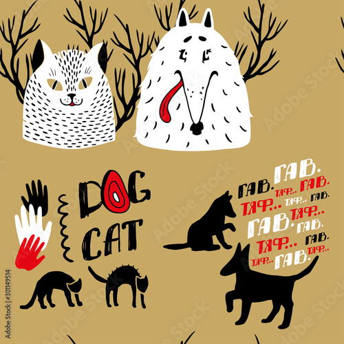 Lots of funny dogs and cats illustration