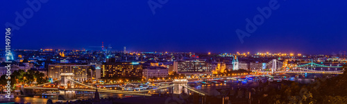 Budapest, Hungary - October 01, 2019: Colorful night panorama of Budapest