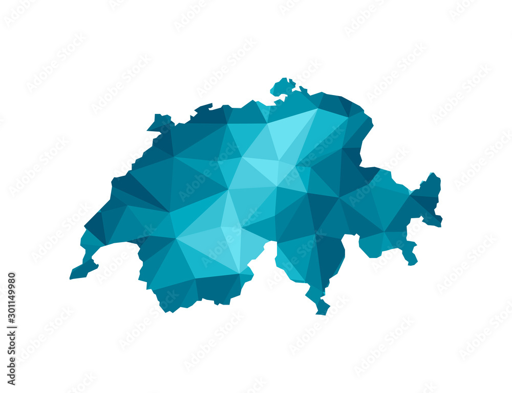 Vector isolated illustration icon with simplified blue silhouette of Switzerland map. Polygonal geometric style, triangular shapes. White background Vector isolated illustration icon with simplified blue silhouette of Switzerland map. Polygonal geometric style, triangular shapes. White background