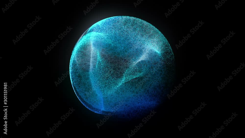 Blue particle energy sphere. Abstract technology, science, engineering and artificial intelligence motion background. 3D rendering