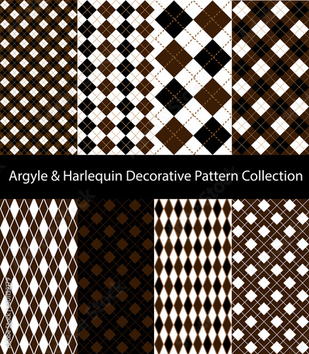 Collection of Argyle / Harlequin / Rhombus patterns. Brown and black seamless decorative backgrounds.