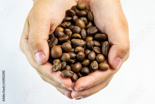 coffee beans in the hands of a girl