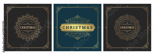 Christmas square banners vintage typographic design, ornate decorations symbols vector illustration