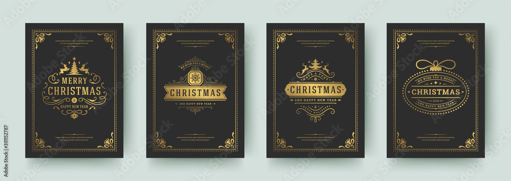 Christmas greeting cards set vintage design, ornate decoration symbols and winter holidays wishes vector illustration