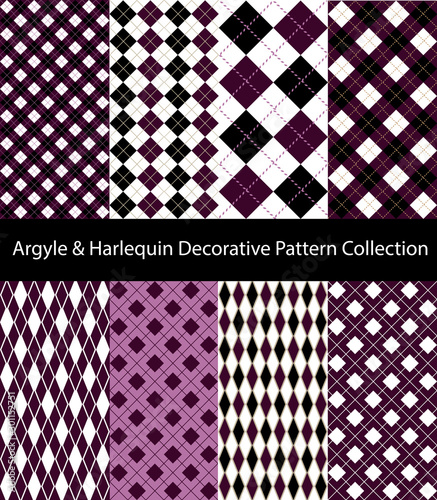 Collection of Argyle / Harlequin / Rhombus patterns. Purple seamless decorative backgrounds.