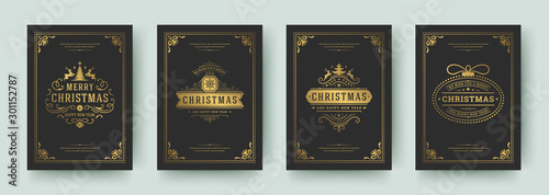 Christmas greeting cards set vintage design, ornate decoration symbols and winter holidays wishes vector illustration photo