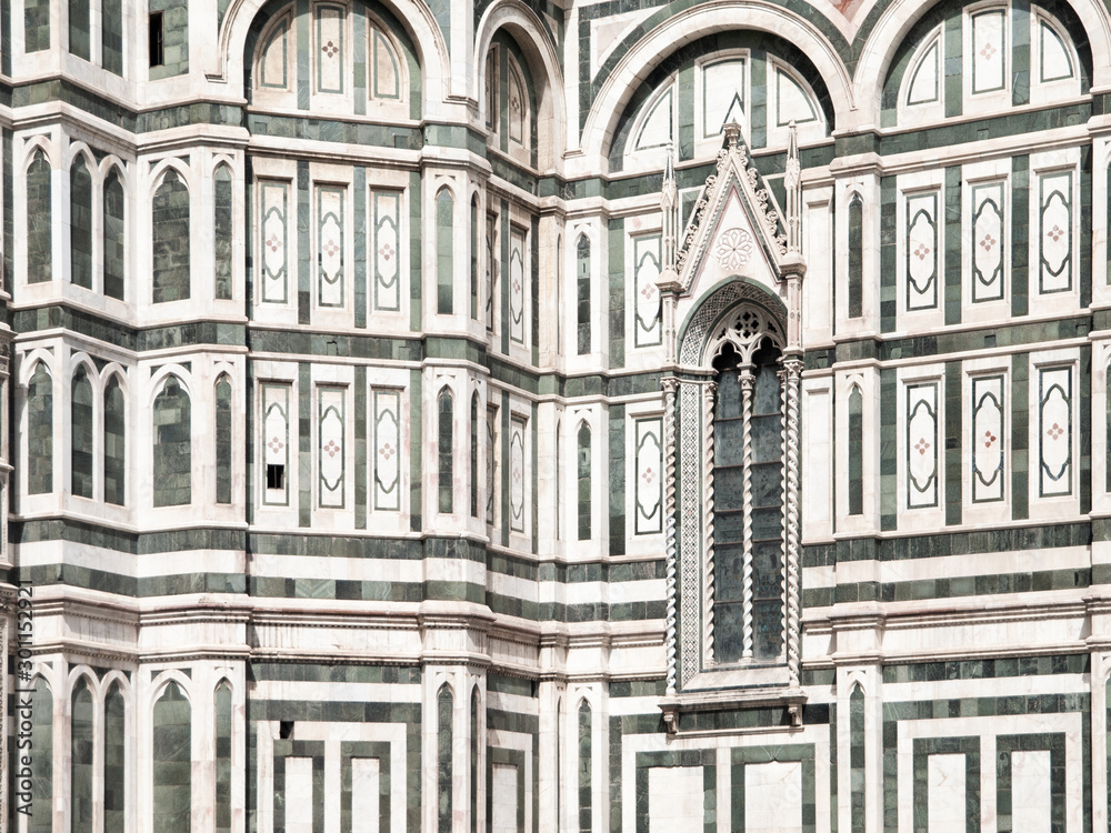 Ornamental decoration facade detail of Florence Catherdal, Cattedrale di Santa Maria del Fiore or Il Duomo di Firenze, Firenze, Tuscany, Italy
