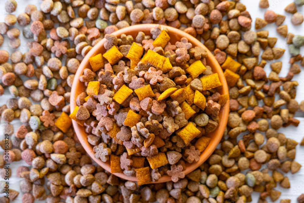 Top view of natural pet food in a clay bowl on white table Top view of natural pet food in a clay bowl on white table