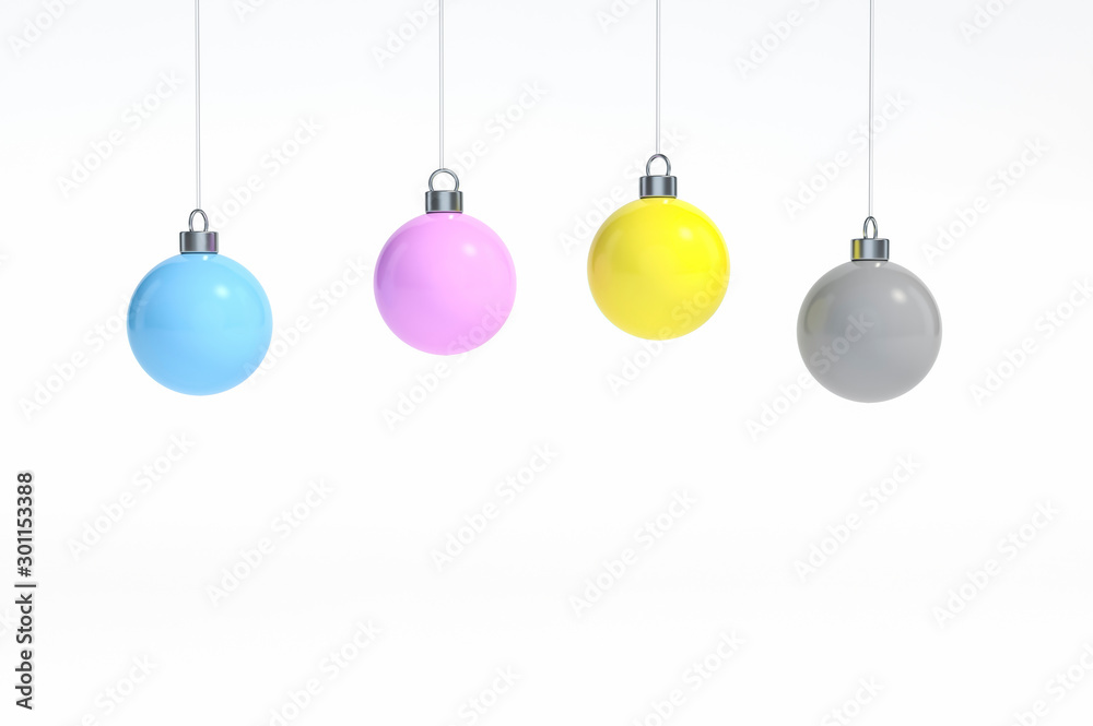 CMYK Color (cyan, magenta, yellow and black) of christmas ball Ornaments hanging on white background 3d rendering. 3d illustration  color space minimal style christmas and happy new year concept.