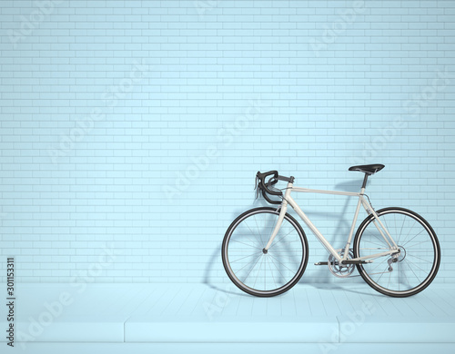 Fototapeta Naklejka Na Ścianę i Meble -  White bicycle in the lower right corner of the frame 3d rendering. 3d illustration ecological urban transport. Vintage bicycle in the room against wall. Copy space. blue background.
