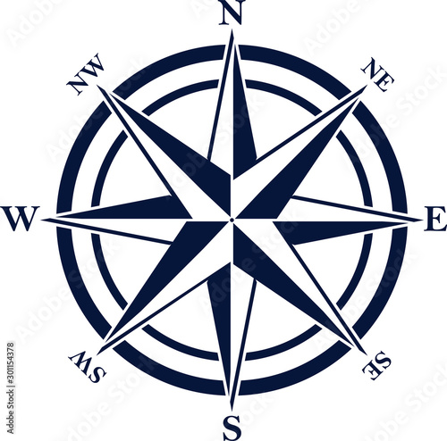 Compass rose with eight abbreviated initials. Blue navigation and orientation symbol on white background.