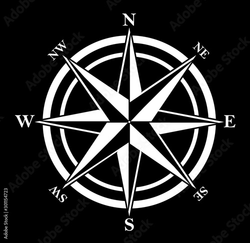 Compass rose with eight abbreviated initials. Black and white navigation and orientation symbol.