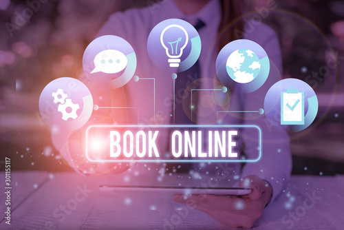 Text sign showing Book Online. Business photo showcasing booklike form that is only available to read on the Internet photo